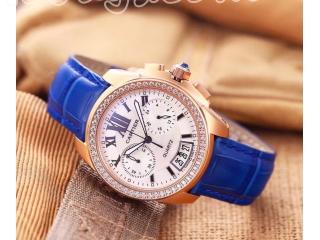 カルティエ時計 女性用 腕時計 白色文字盤 青色時計のバンド腕時計 ゴールド金属クオーツ