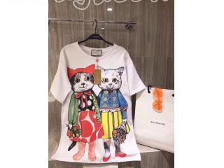 gucci シャツ 新作半袖 Tシャツ 可愛の猫 図案 ワンピース レディース用 gucciシャツレディース